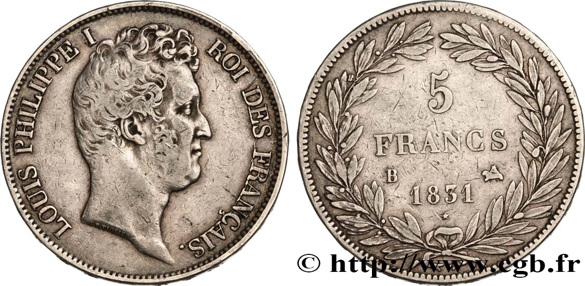 5 francs type Tiolier avec le I, tranche en relief 1831 Rouen F.316/3 TB35 