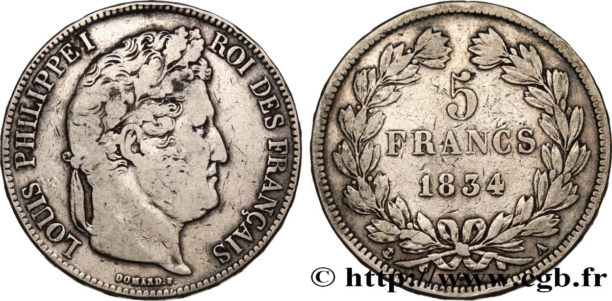 5 francs IIe type Domard 1834 Paris F.324/29 TB25 