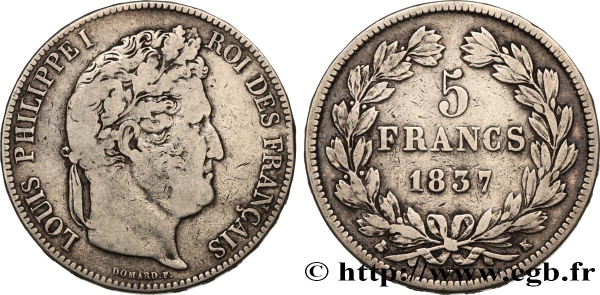 5 francs IIe type Domard 1837 Bordeaux F.324/65 VF25 