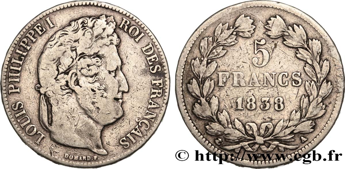 5 francs IIe type Domard 1838 Paris F.324/68 VF25 
