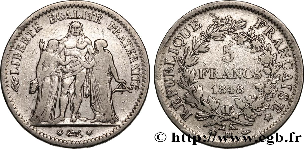 5 francs Hercule, IIe République 1848 Strasbourg F.326/2 TB25 