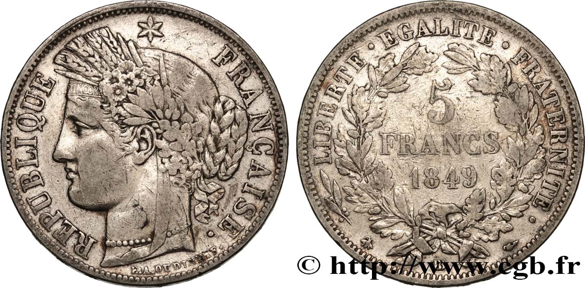 5 francs Cérès, IIe République 1849 Strasbourg F.327/3 VF30 
