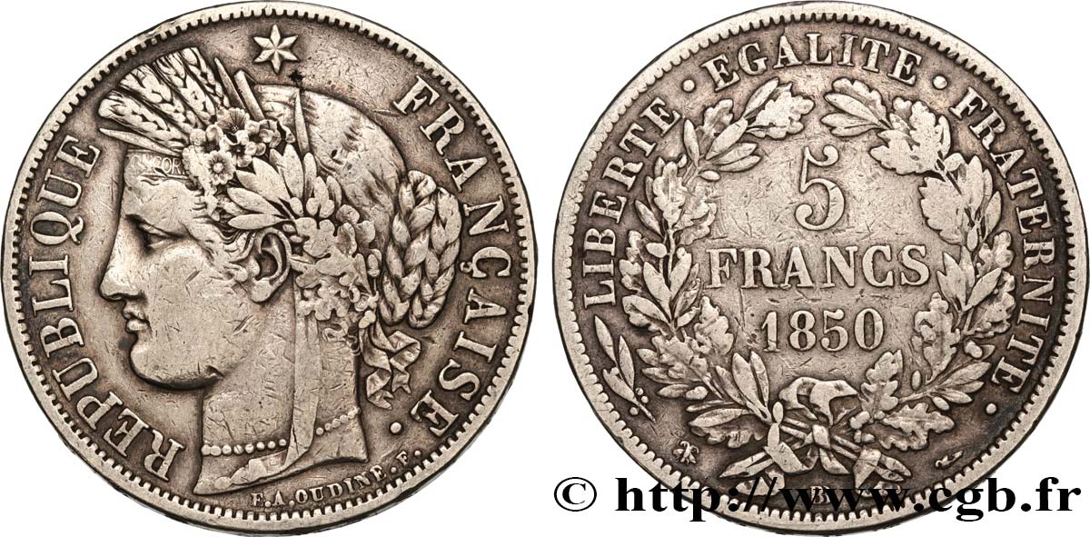 5 francs Cérès, IIe République 1850 Strasbourg F.327/5 BC25 