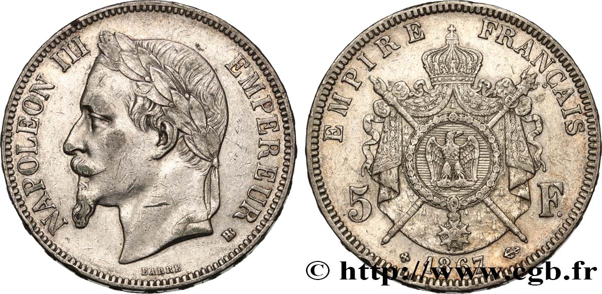 5 francs Napoléon III, tête laurée 1867 Strasbourg F.331/11 SS 