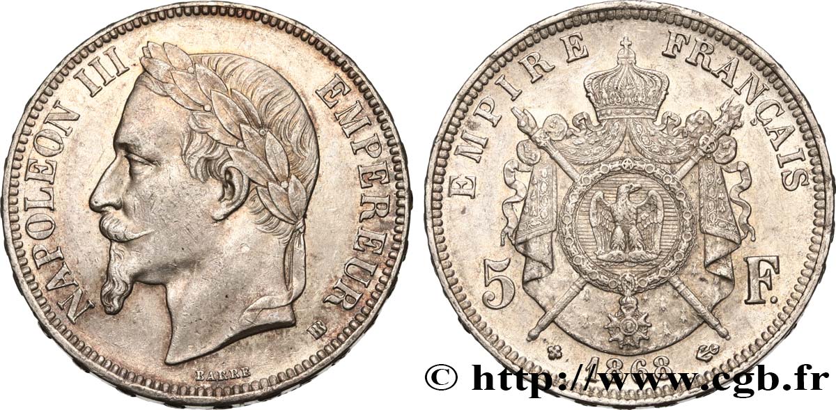 5 francs Napoléon III, tête laurée 1868 Strasbourg F.331/13 MBC52 