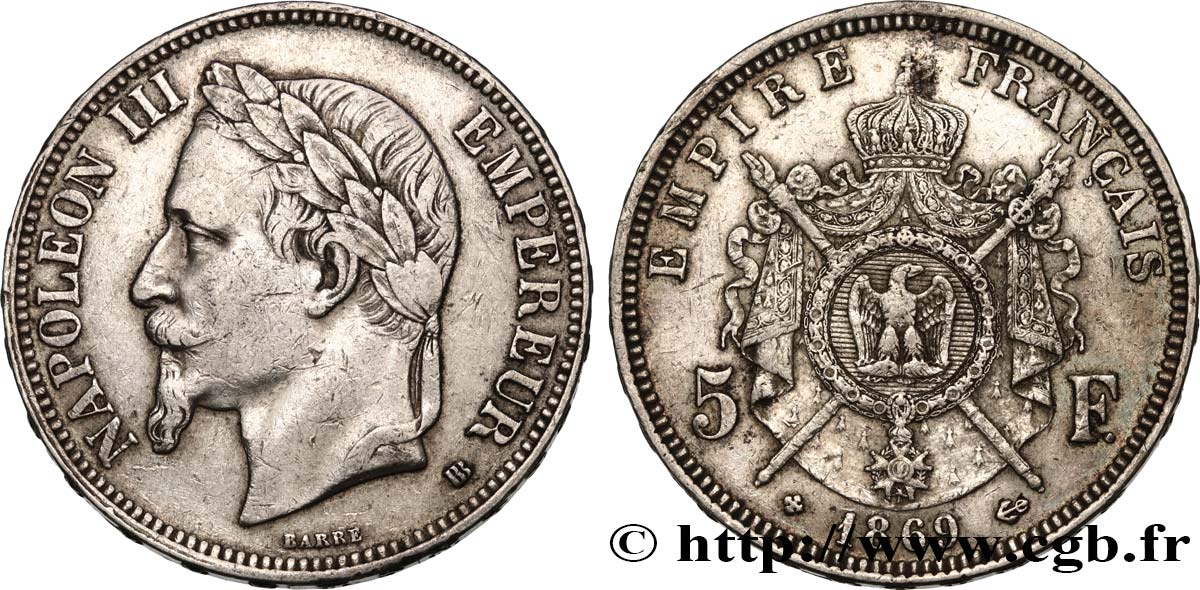 5 francs Napoléon III, tête laurée 1869 Strasbourg F.331/15 TB35 