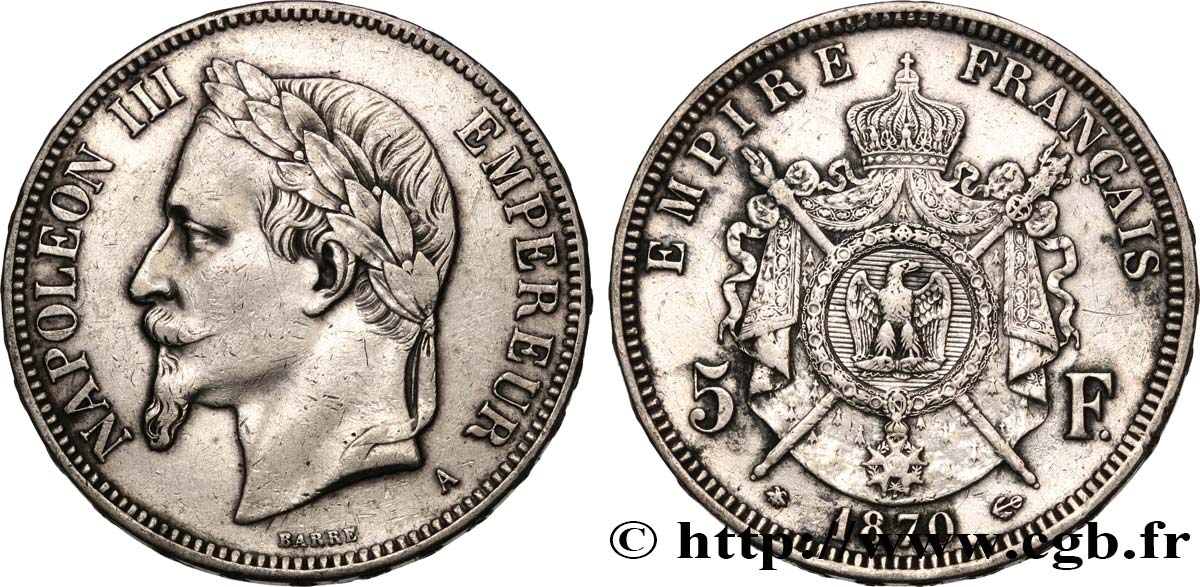 5 francs Napoléon III, tête laurée 1870 Paris F.331/16 MBC 