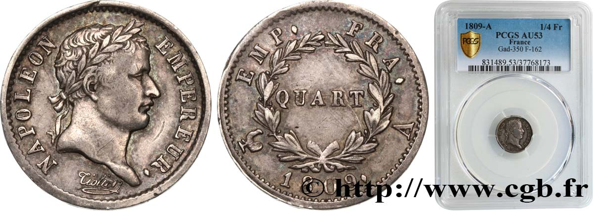 Quart (de franc) Napoléon Ier tête laurée, Empire français 1809 Paris F.162/1 AU53 PCGS