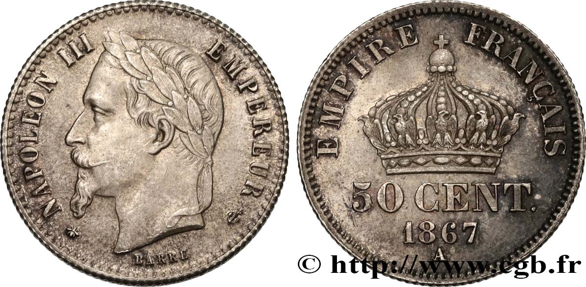 50 centimes Napoléon III, tête laurée 1867 Paris F.188/13 fST64 