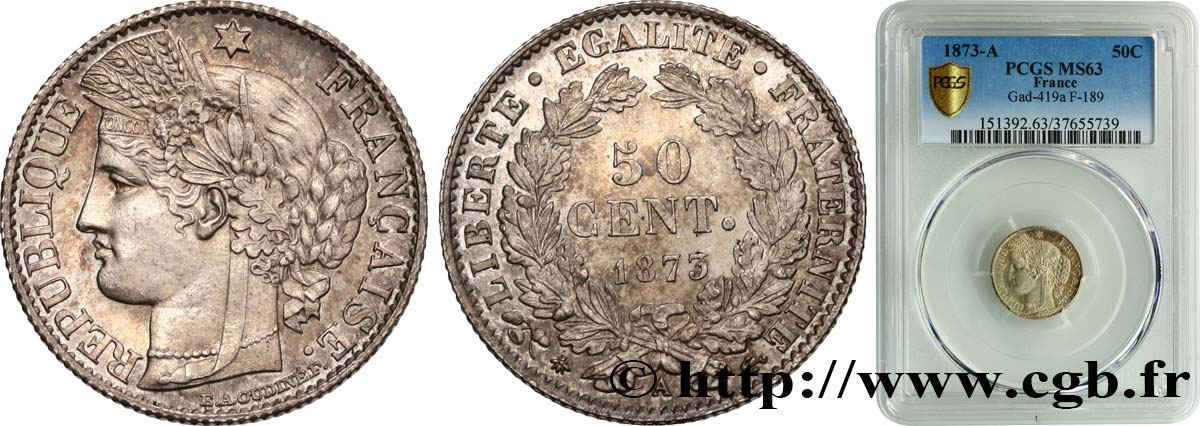 50 centimes Cérès, IIIe République 1873 Paris F.189/5 MS63 PCGS