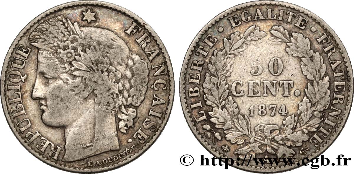 50 centimes Cérès, IIIe République 1874 Paris F.189/7 VF35 