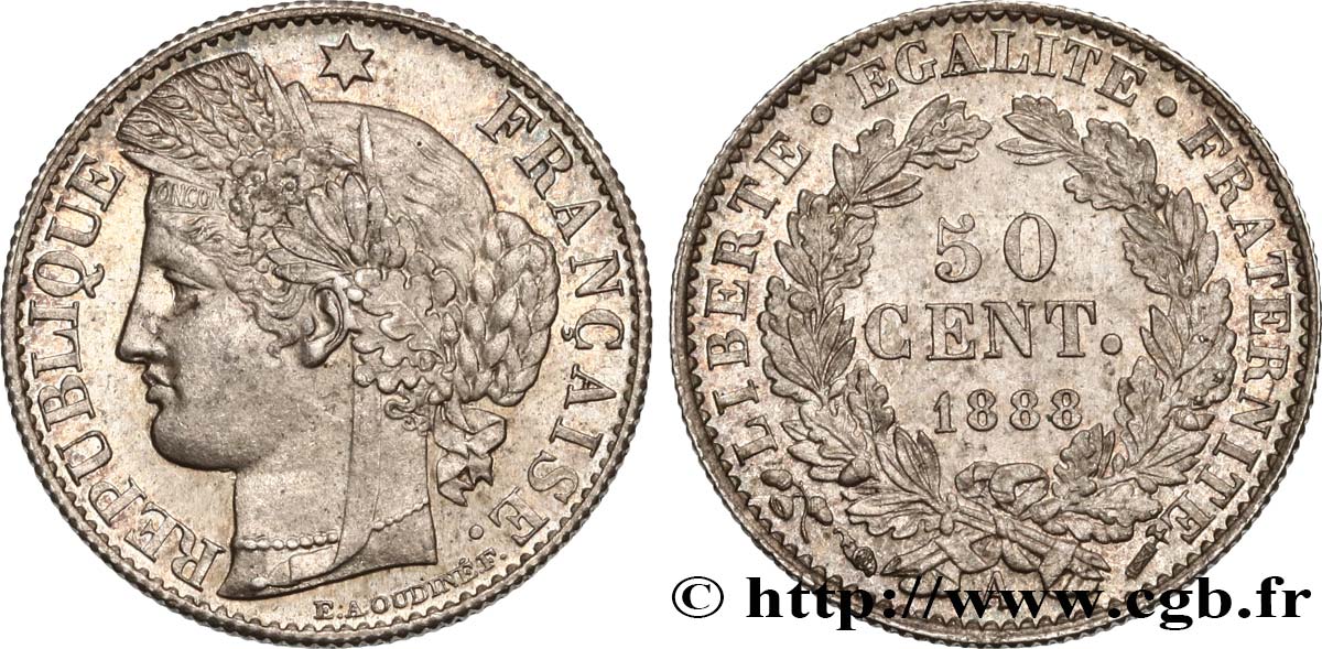 50 centimes Cérès, Troisième République 1888 Paris F.189/13 MS64 