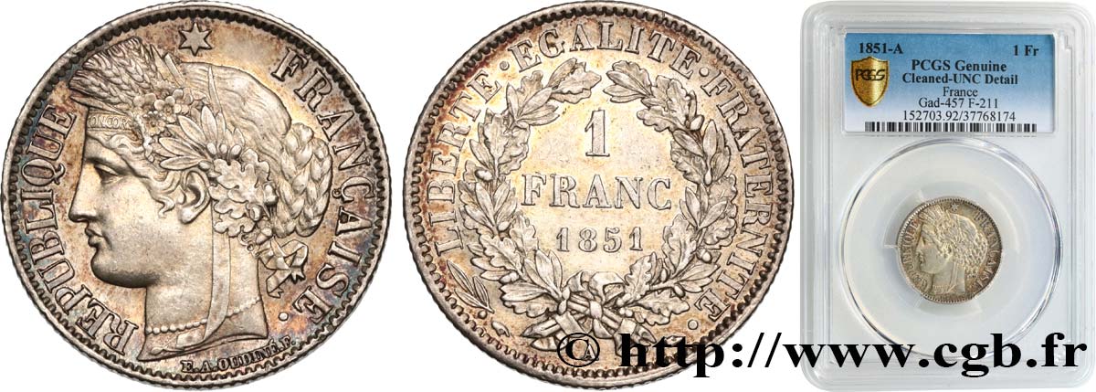 1 franc Cérès, IIe République 1851 Paris F.211/9 MS PCGS