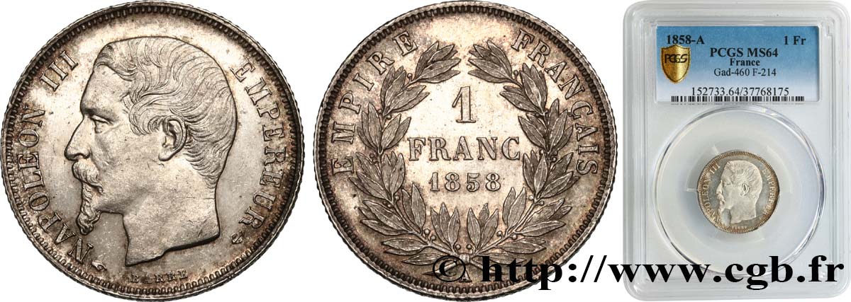 1 franc Napoléon III, tête nue 1858 Paris F.214/11 SPL64 PCGS