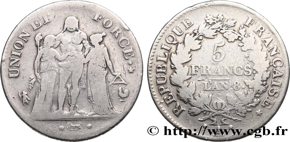 5 francs Union et Force, Union serré, avec glands intérieurs et gland extérieur 1800 Paris F.288/126 B+ 