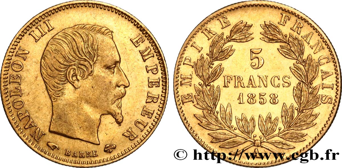 5 francs or Napoléon III, tête nue, grand module 1858 Paris F.501/5 TTB 