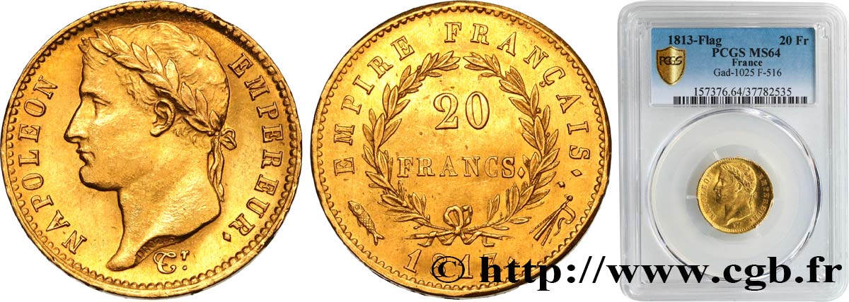 20 francs or Napoléon tête laurée, Empire français 1813 Utrecht F.516/37 fST64 PCGS
