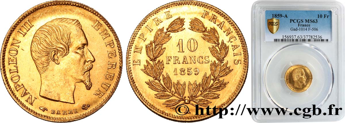 10 francs or Napoléon III, tête nue 1859 Paris F.506/7 SPL63 PCGS
