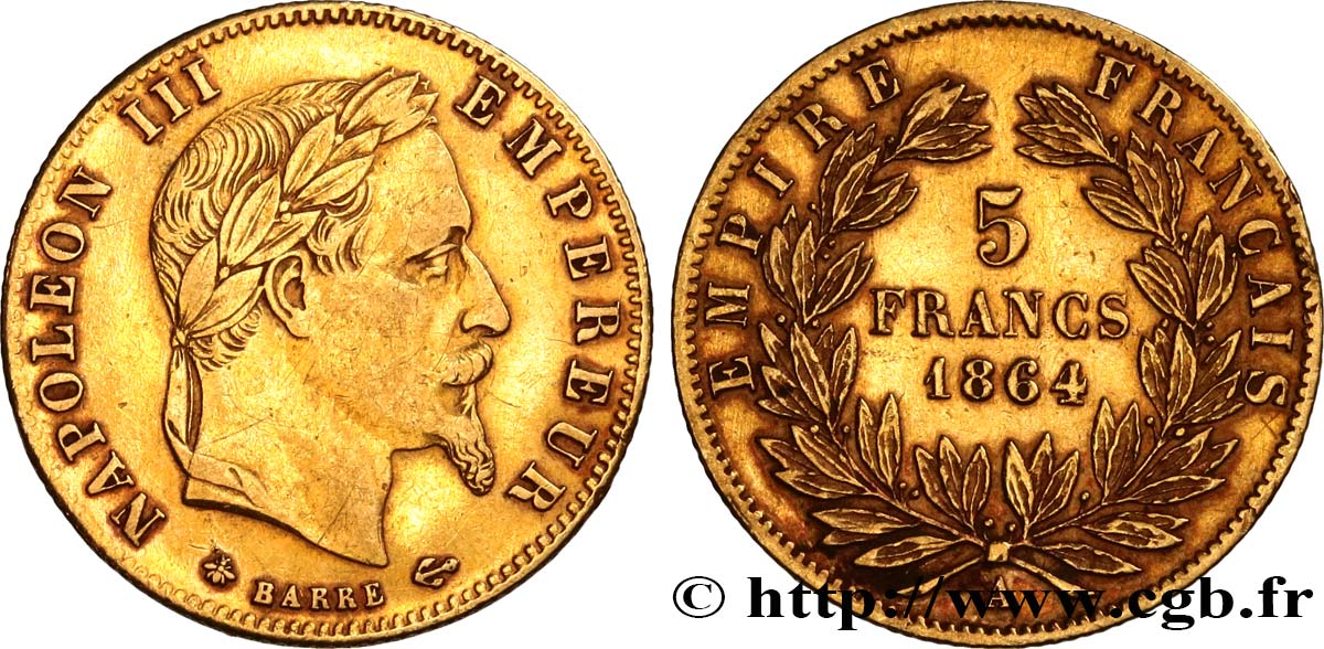 5 francs or Napoléon III, tête laurée 1864 Paris F.502/5 MBC 