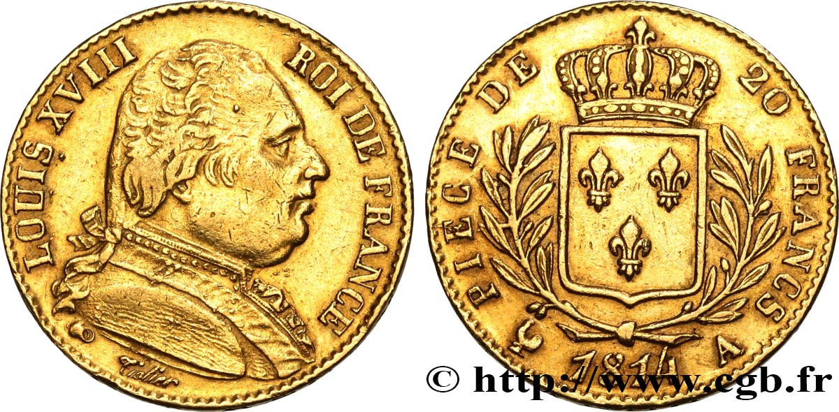 20 francs or Louis XVIII, buste habillé 1814 Paris F.517/1 MBC 
