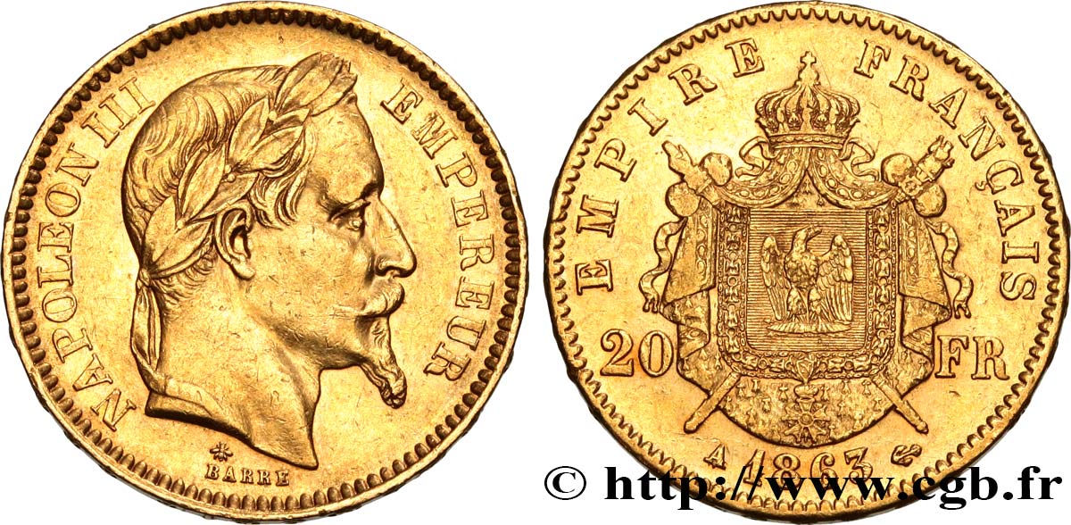 20 francs or Napoléon III, tête laurée 1863 Paris F.532/6 TTB 