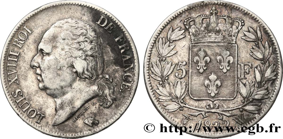 5 francs Louis XVIII, tête nue 1822 Lille F.309/75 TB35 