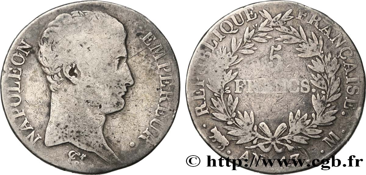 5 francs Napoléon Empereur, Calendrier révolutionnaire 1805 Toulouse F.303/13 B12 