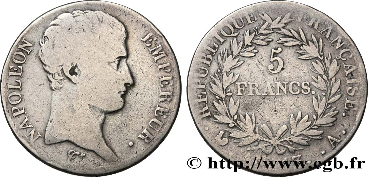 5 francs Napoléon Empereur, Calendrier révolutionnaire 1805 Paris F.303/2 VG 