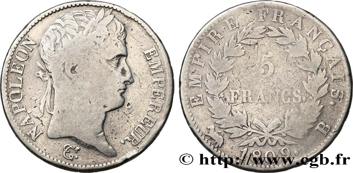 5 francs Napoléon Empereur, Empire français 1809 Rouen F.307/2 q.MB 