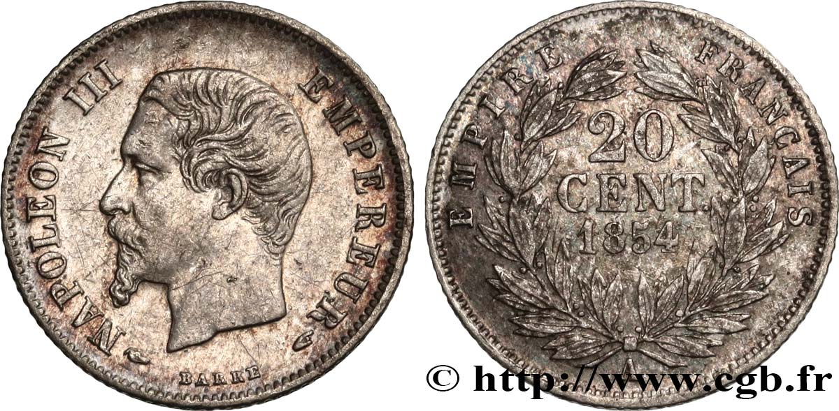 20 centimes Napoléon III, tête nue 1854 Paris F.148/2 XF45 