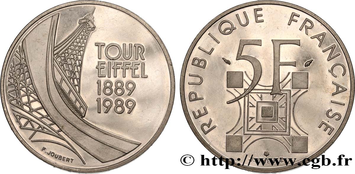 Belle Épreuve 5 francs Tour Eiffel 1989 Paris F5.1200 3 VZ 