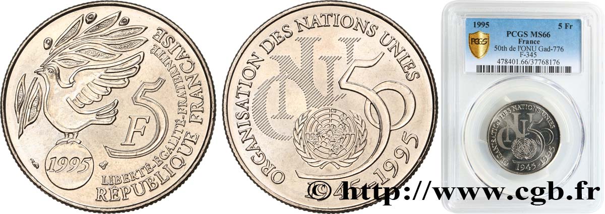 5 francs Cinquantenaire de l’ONU 1995 Pessac F.345/1 FDC66 PCGS