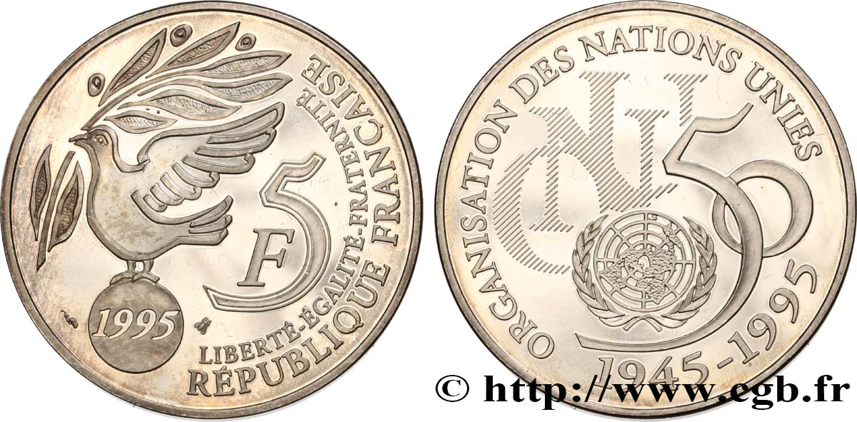 Belle Épreuve 5 francs Cinquantenaire de l’ONU 1995 Paris F5.1203 2 SC 