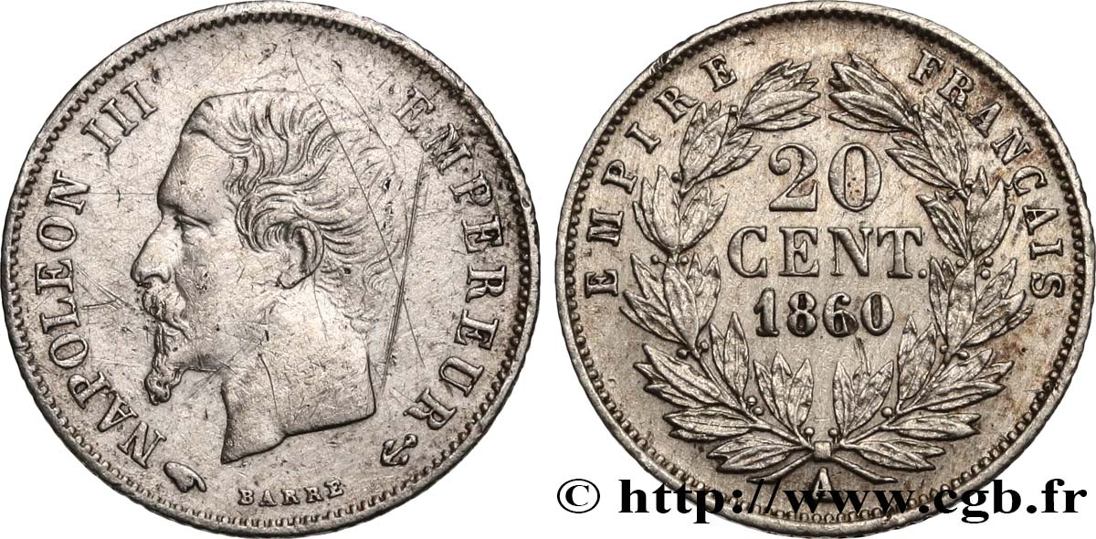 20 centimes Napoléon III, tête nue 1860 Paris F.148/14 VF 
