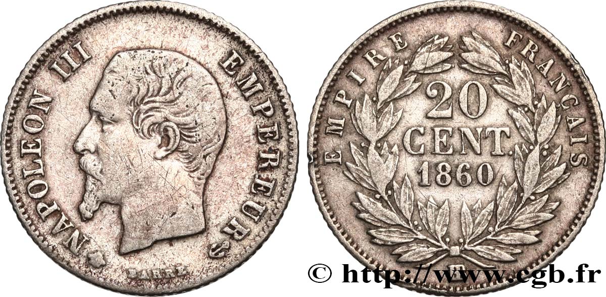 20 centimes Napoléon III, tête nue 1860 Strasbourg F.148/16 BC25 