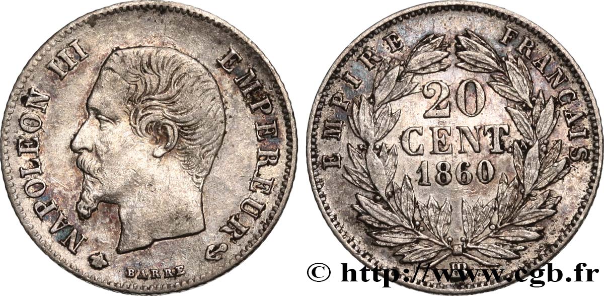 20 centimes Napoléon III, tête nue 1860 Strasbourg F.148/16 TTB45 