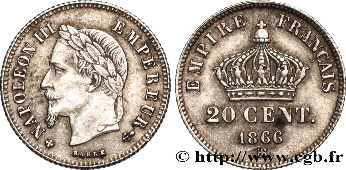 20 centimes Napoléon III, tête laurée, petit module 1866 Strasbourg F.149/5 q.SPL 