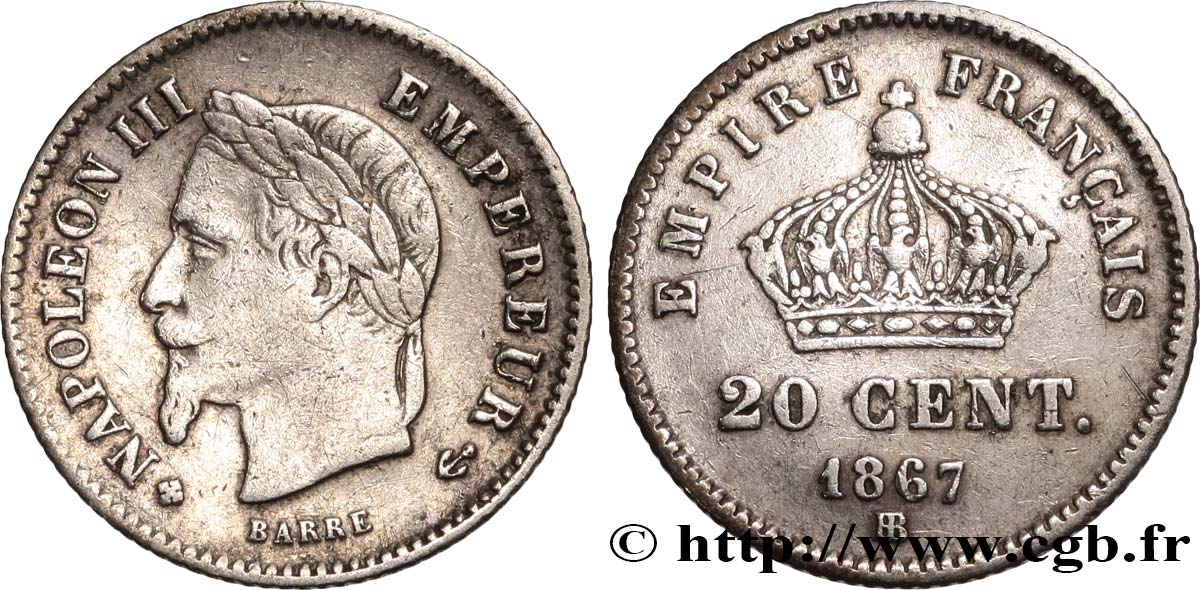 20 centimes Napoléon III, tête laurée, grand module 1867 Strasbourg F.150/2 VF 