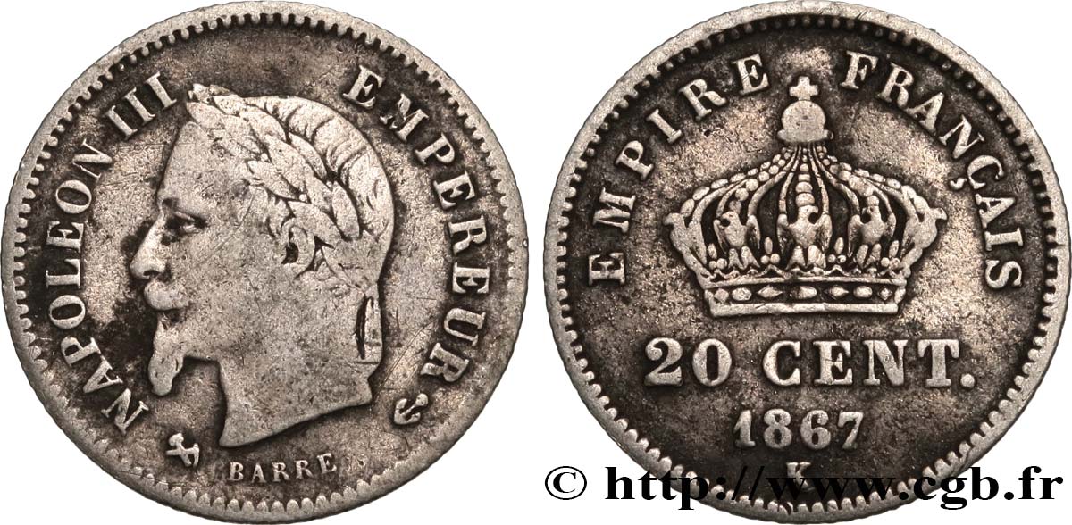 20 centimes Napoléon III, tête laurée, grand module 1867 Bordeaux F.150/3 MB20 