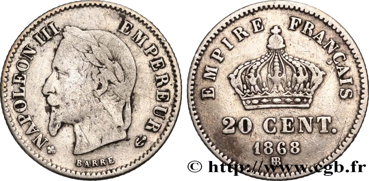 20 centimes Napoléon III, tête laurée, grand module 1868 Strasbourg F.150/5 MB15 