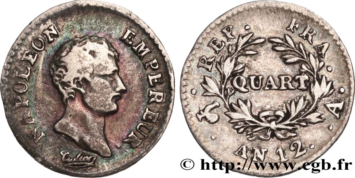 Quart (de franc) Napoléon Empereur, Calendrier révolutionnaire 1804 Paris F.158/1 BC35 