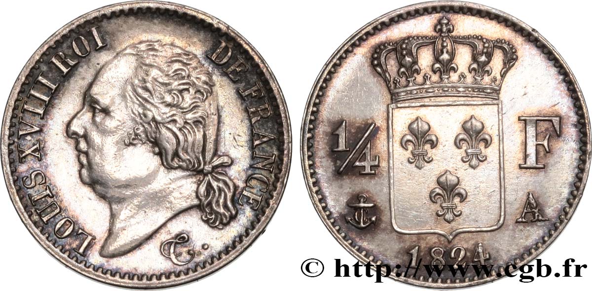 1/4 franc Louis XVIII  1824 Paris F.163/31 SPL 