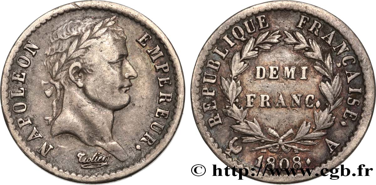 Demi-franc Napoléon Ier tête laurée, République française 1808 Paris F.177/2 MBC45 