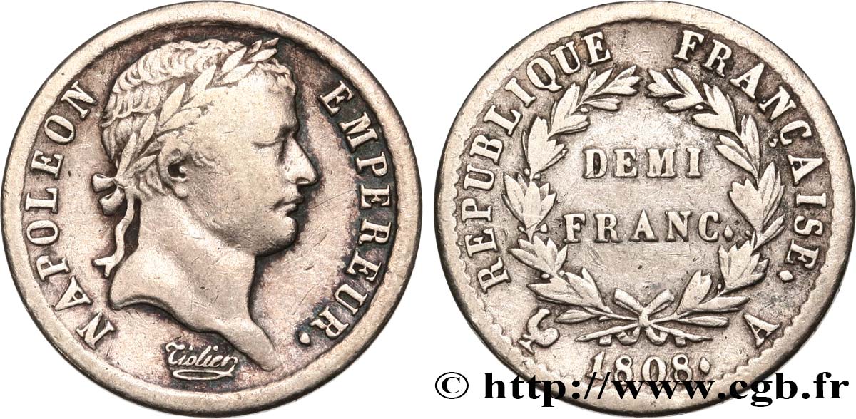 Demi-franc Napoléon Ier tête laurée, République française 1808 Paris F.177/2 TB+ 