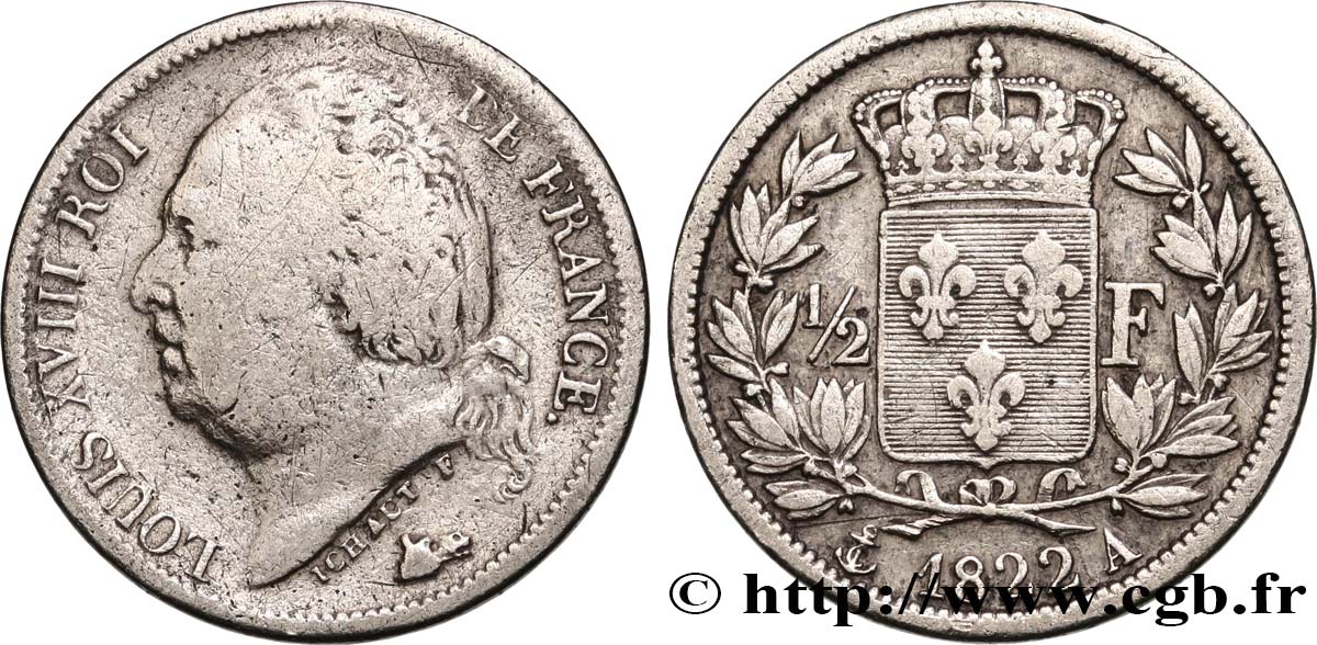 1/2 franc Louis XVIII 1822 Paris F.179/30 RC12 