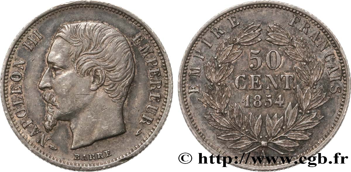 50 centimes Napoléon III, tête nue 1854 Paris F.187/2 AU50 
