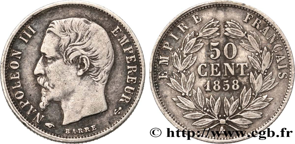 50 centimes Napoléon III, tête nue 1858 Paris F.187/9 VF35 