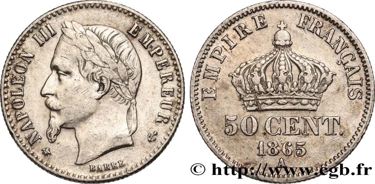 50 centimes Napoléon III, tête laurée 1865 Paris F.188/5 XF 