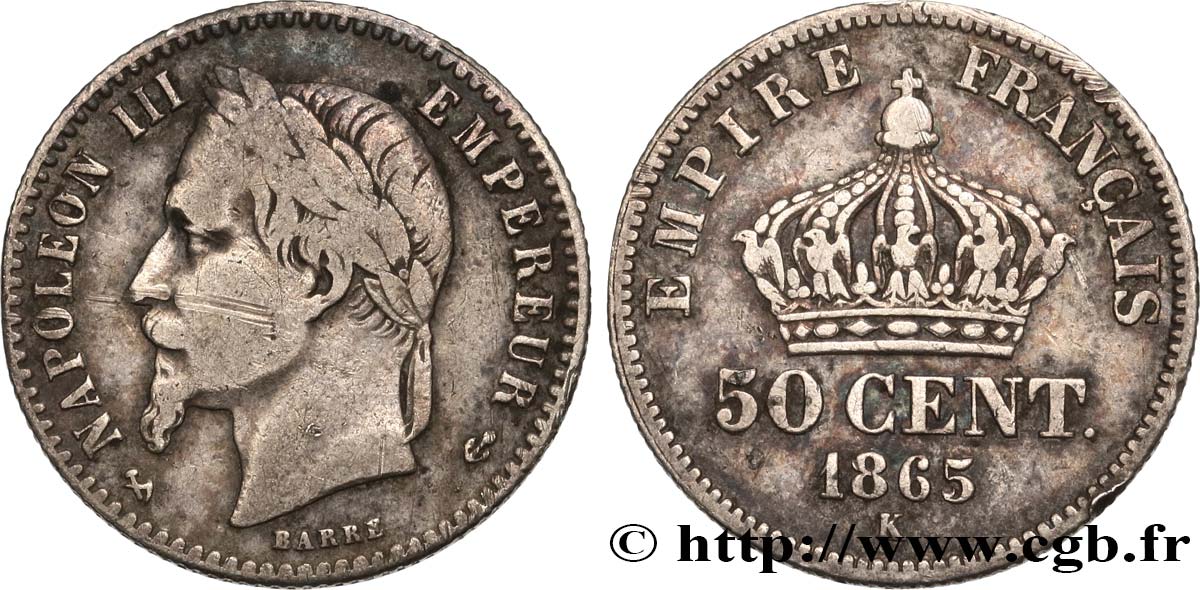 50 centimes Napoléon III, tête laurée 1865 Bordeaux F.188/8 VF 