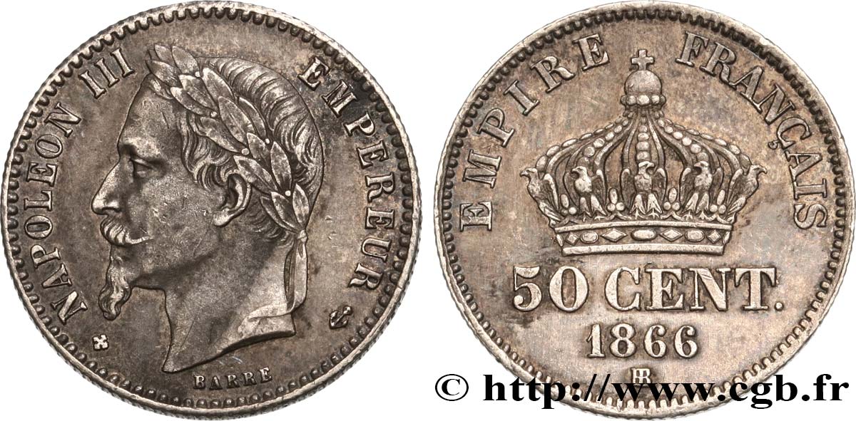 50 centimes Napoléon III, tête laurée 1866 Strasbourg F.188/10 AU50 